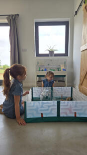 Two children playing with their hamster who is inside the hamster playpen.